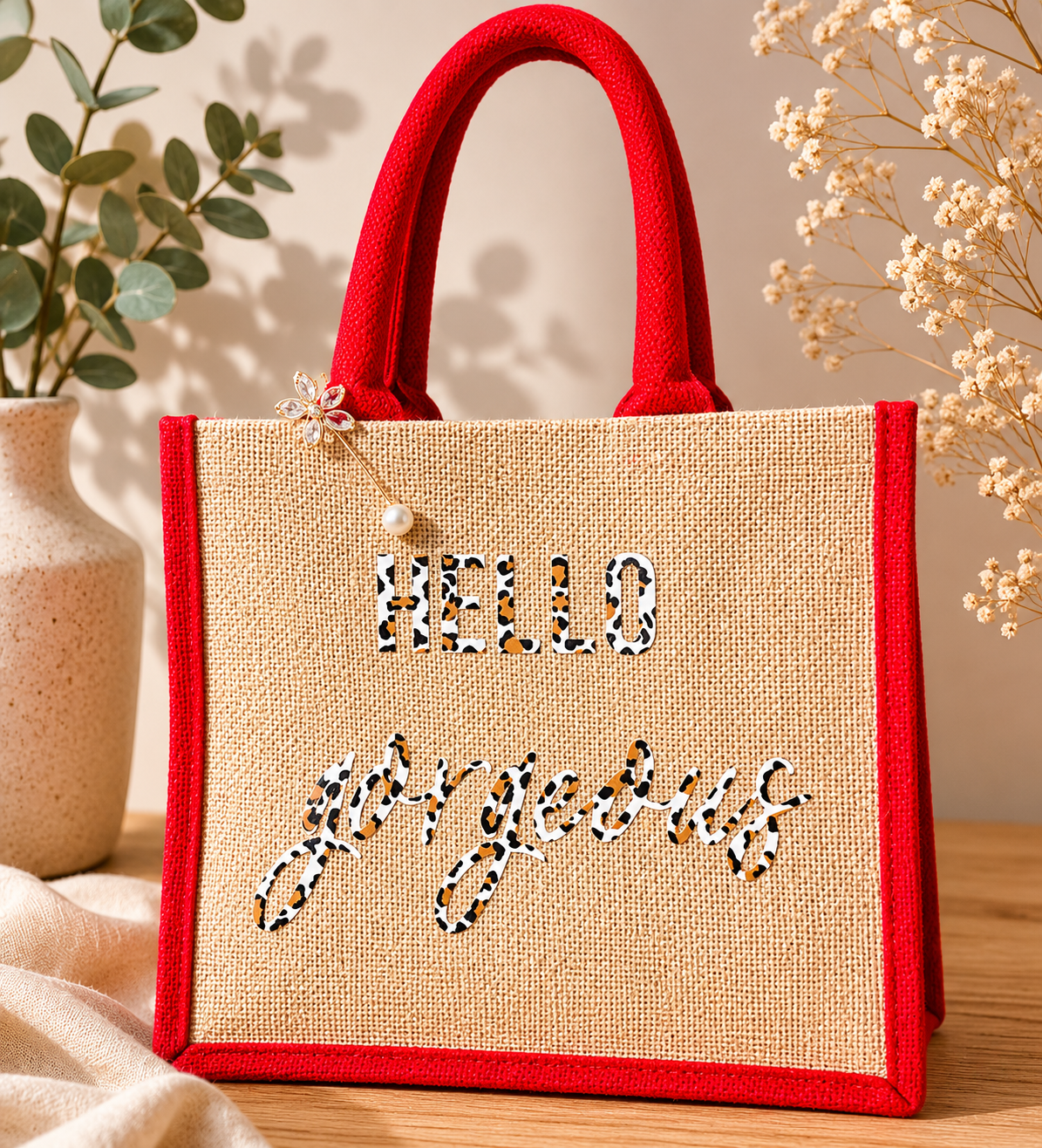 Hello Gorgeous Cheetah Tall Jute Tote