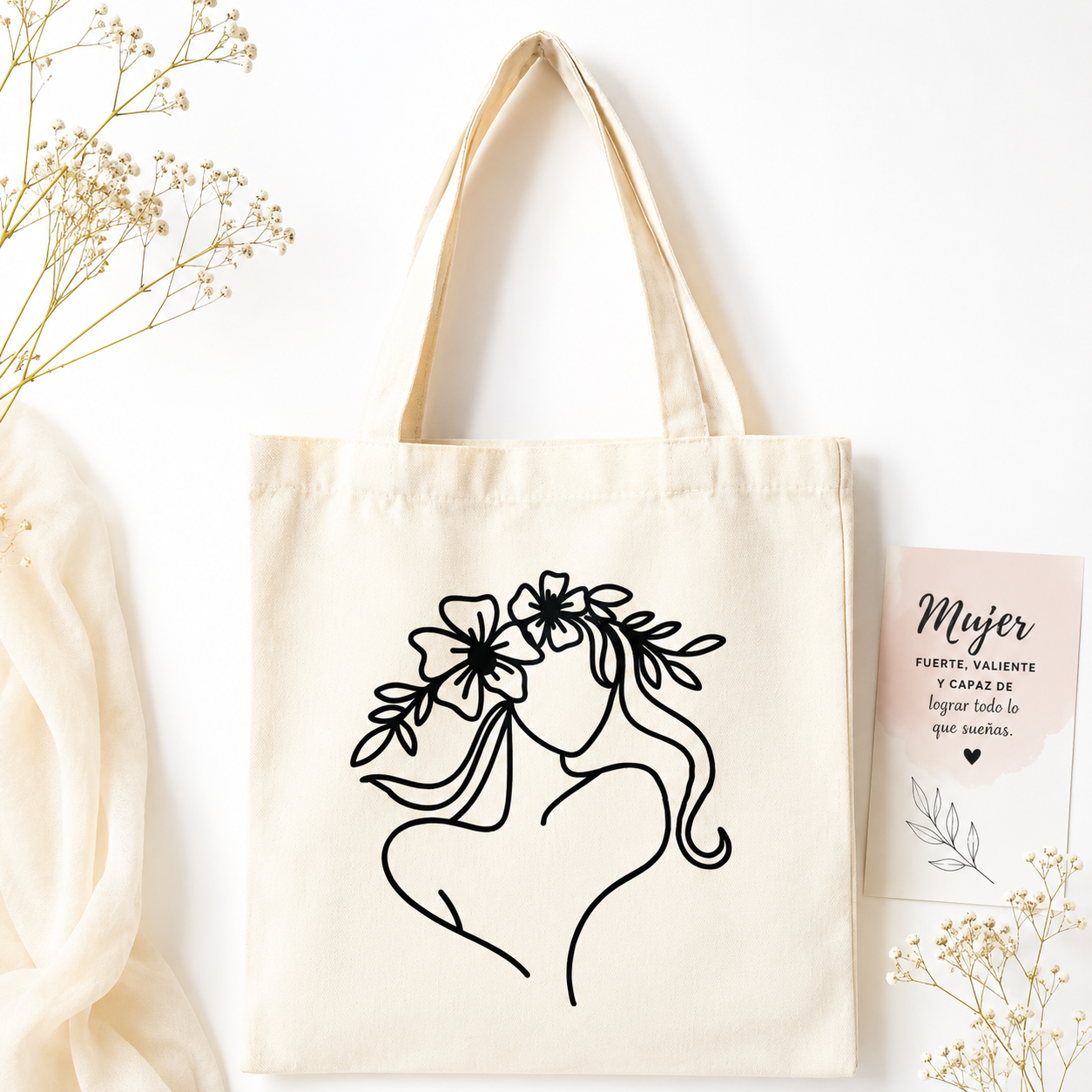 Woman Floral Crown Line Art Tote