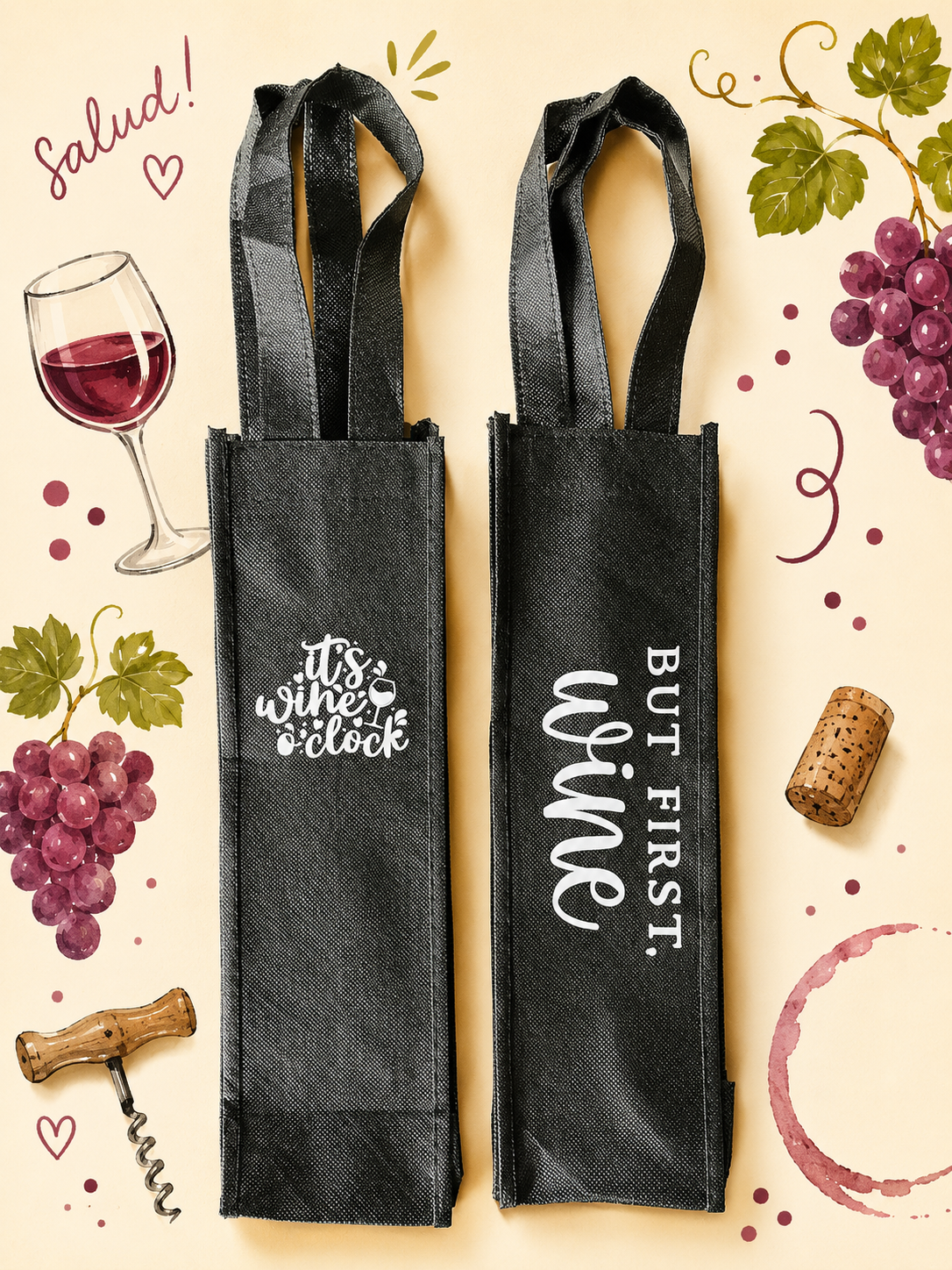 Two black wine bags with humorous text on a decorative background with grapes, a glass of wine, and corks.