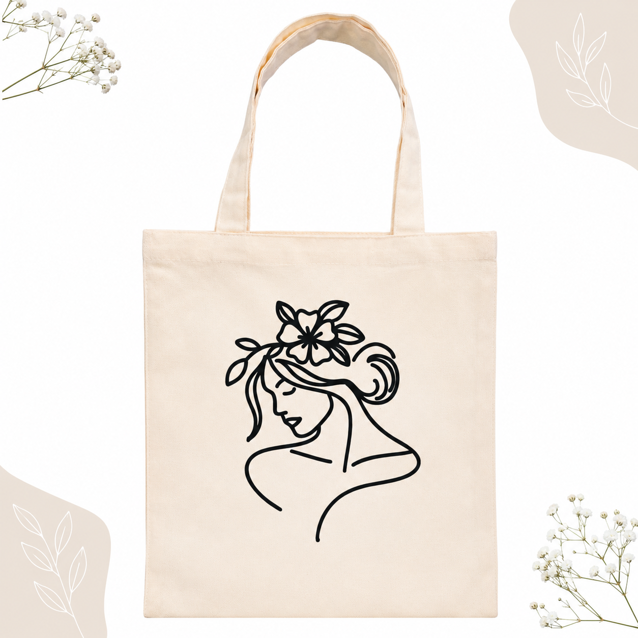 Woman Flower Bun Line Art Tote