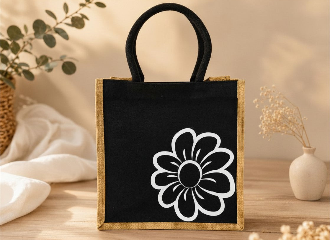 Daisy Bloom Jute Tote - Black