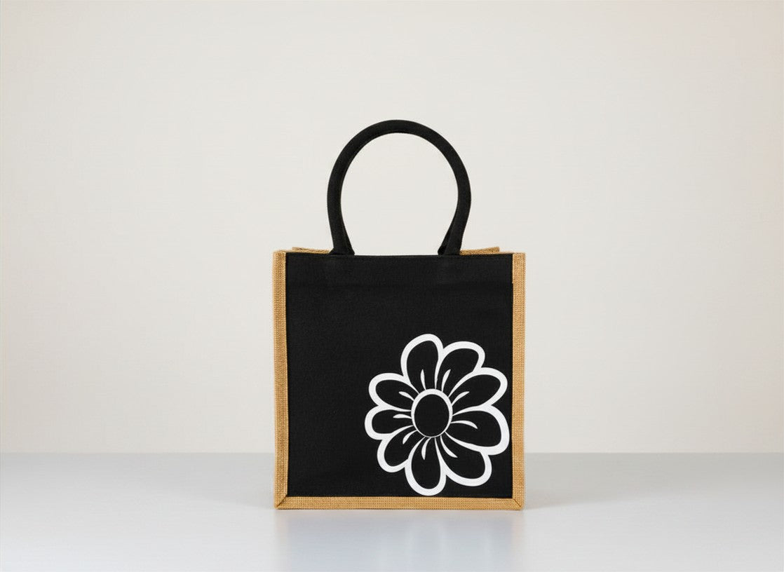 Daisy Bloom Jute Tote - Black