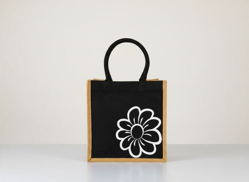 Daisy Bloom Jute Tote - Black