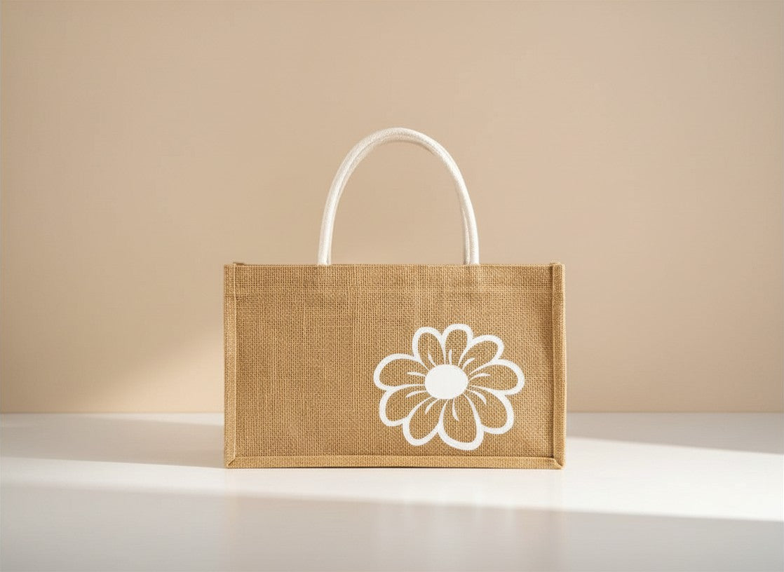 Daisy Bloom Jute Tote - Natural