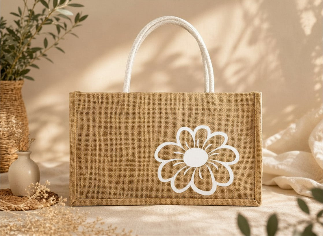 Daisy Bloom Jute Tote - Natural