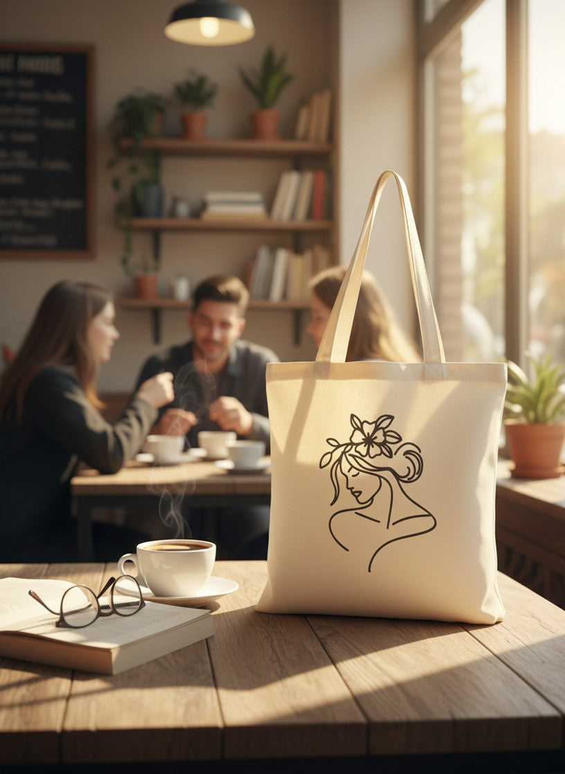 Woman Floral Crown Line Art Tote