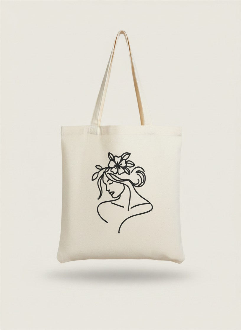 Woman Flower Bun Line Art Tote