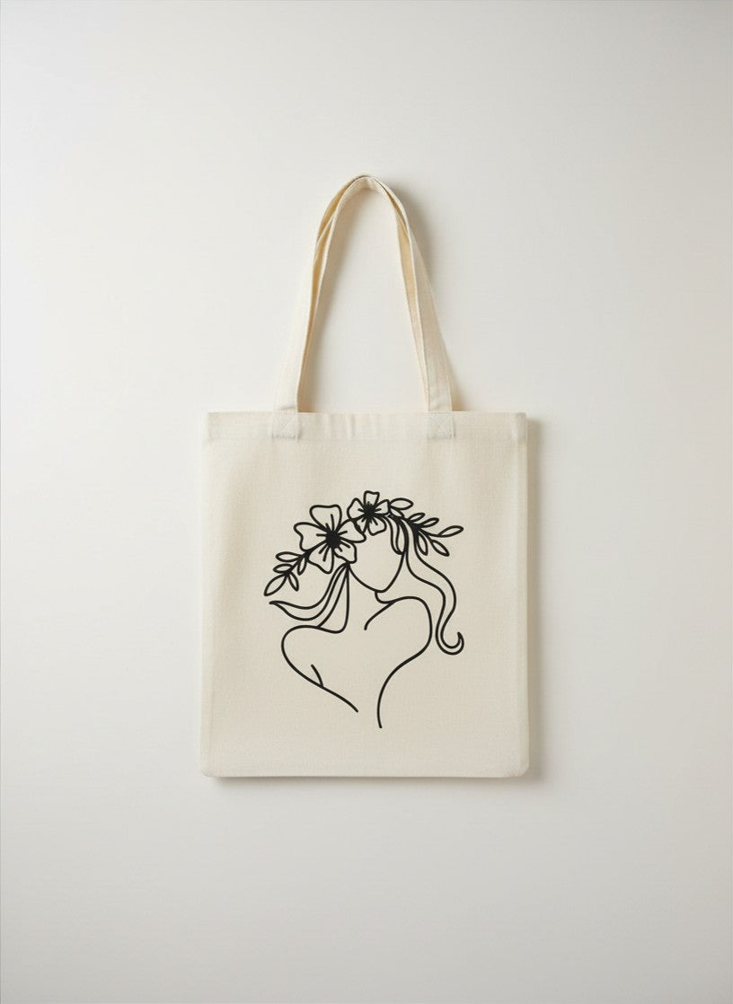 Woman Floral Crown Line Art Tote